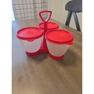 Vtg Red Tupperware Condiment Caddy Set 3 Bowls With Lids